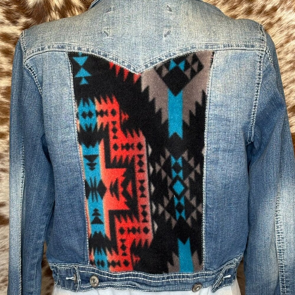 OOAK Upcycled Western Jean Jacket  W.Black Red Blue Aztec Fleece Accents -S